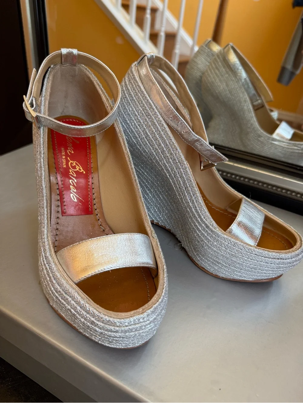 Paloma Barceló Metallic Silver Platform Peep-Toe Sandals with Ankle Strap